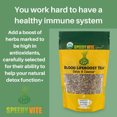 SpeedyVite Blood Lifeboost Tea brewed cup capturing calming aroma.