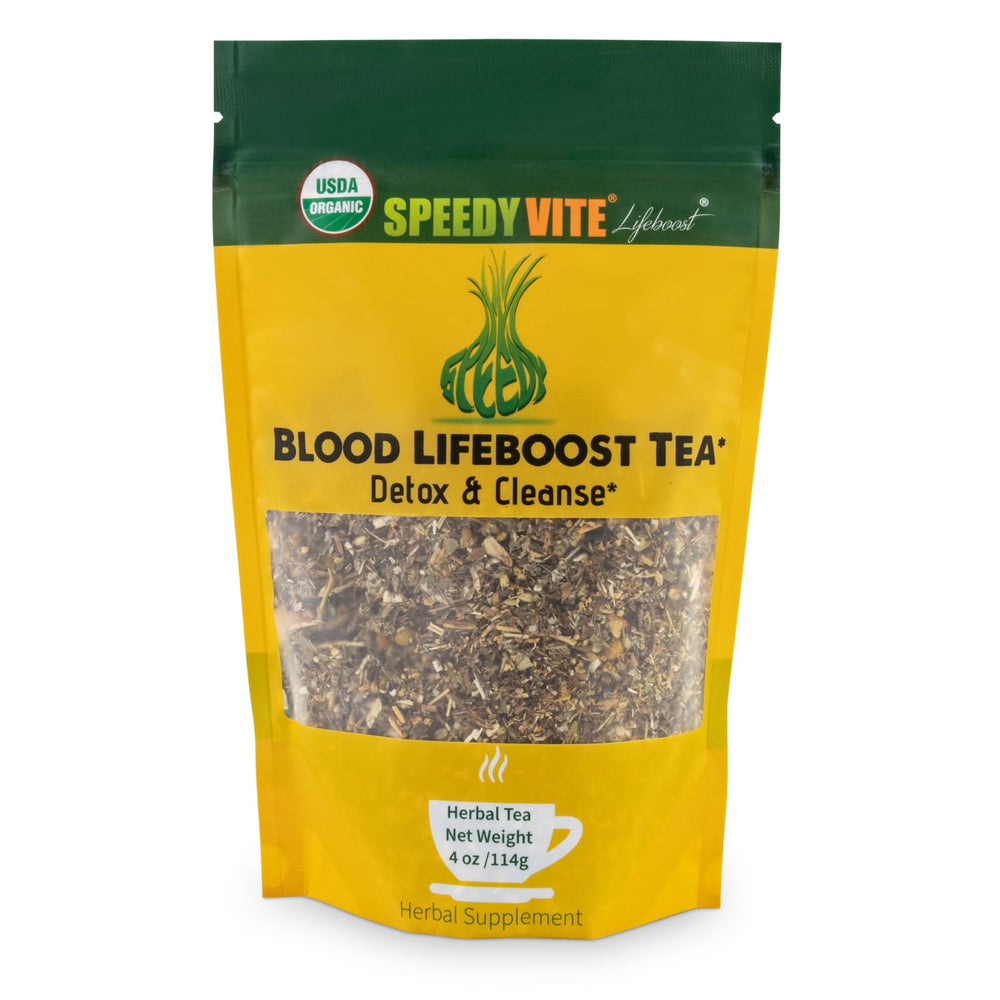 SpeedyVite Blood Lifeboost Tea packaging highlighting organic blend for daily wellness.