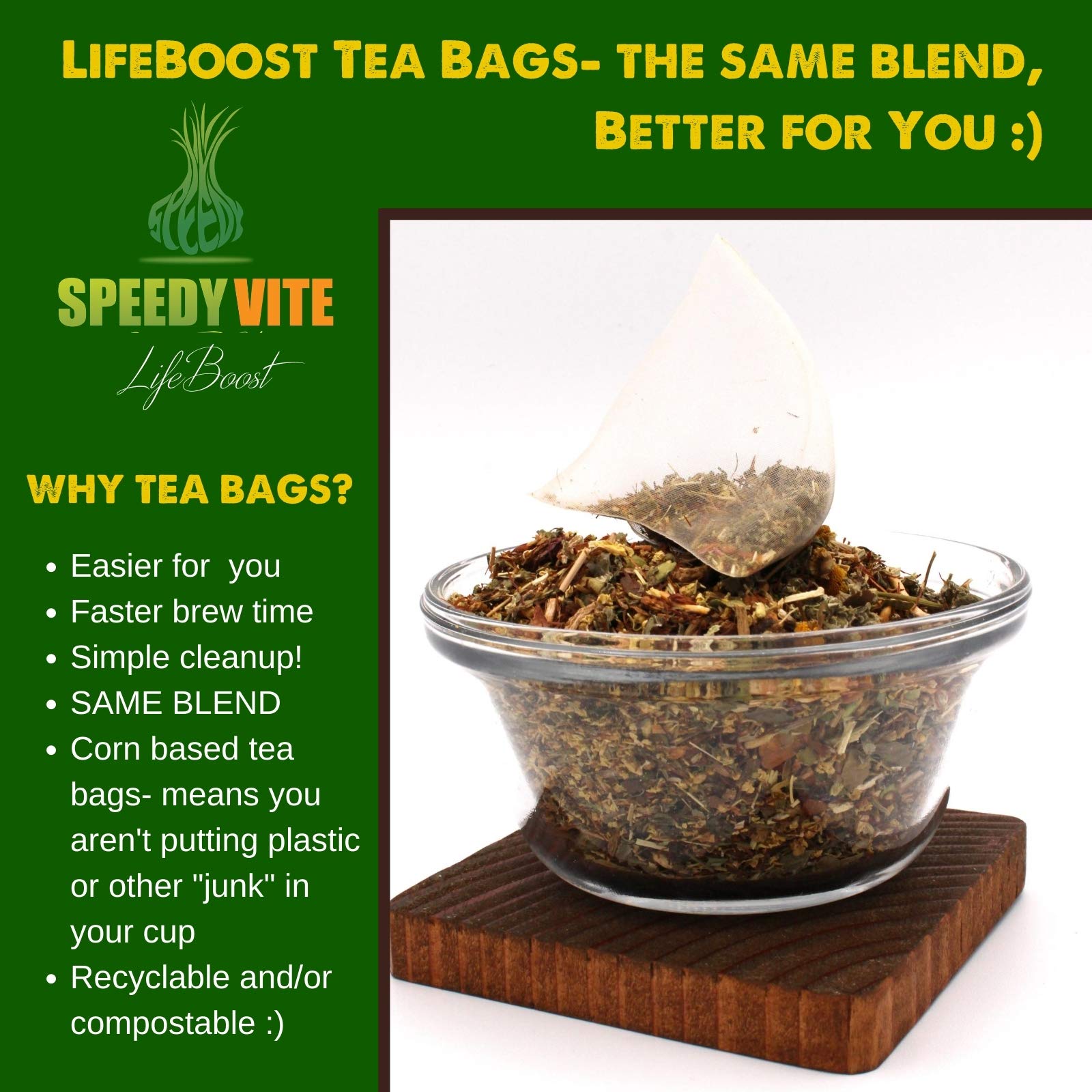 SpeedyVite Blood Lifeboost Tea pyramid bags close-up for full infusion