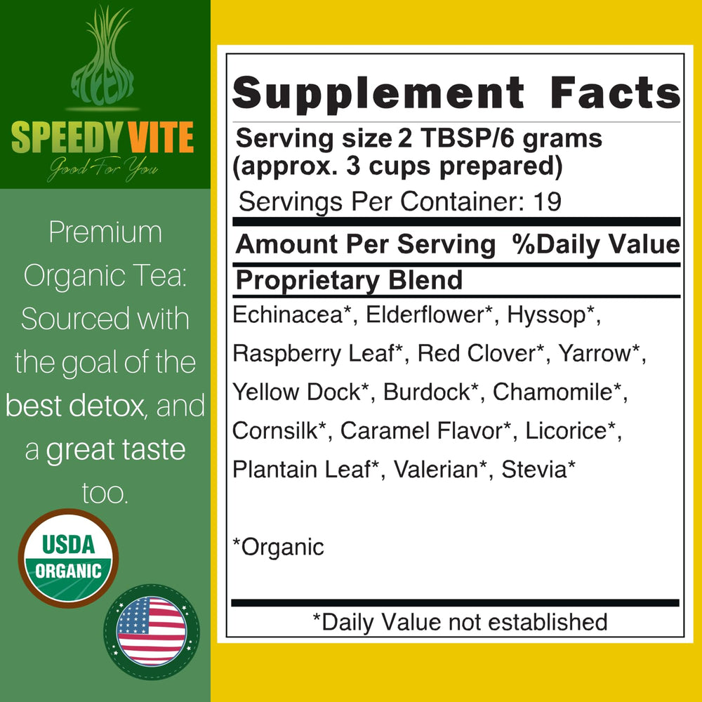 SpeedyVite Blood Lifeboost Tea tea bag close-up showcasing herbal blend.