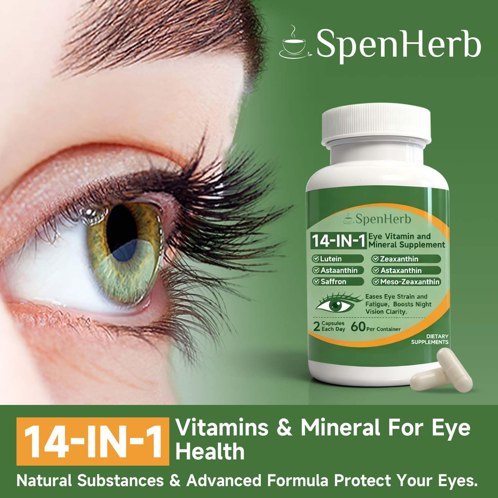 SpenHerb Eye Vitamin bottle on desk with label clearly visible.