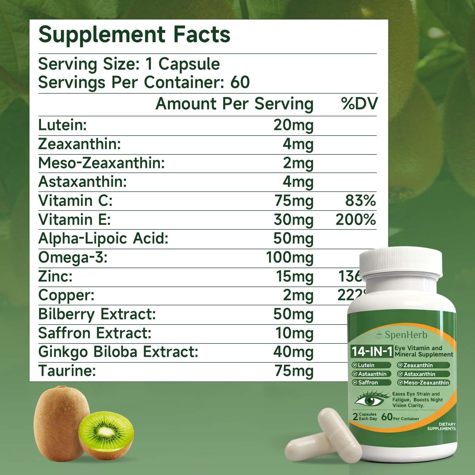 SpenHerb Eye Vitamin bottle beside packaging highlights quality.