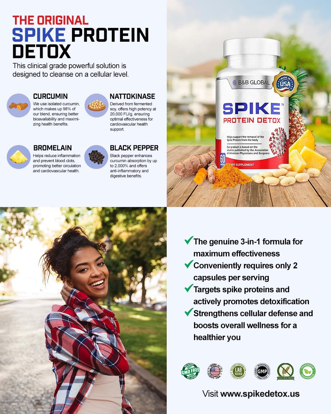 Spike Protein Detox capsules on a desk with bottle and dosing guide.