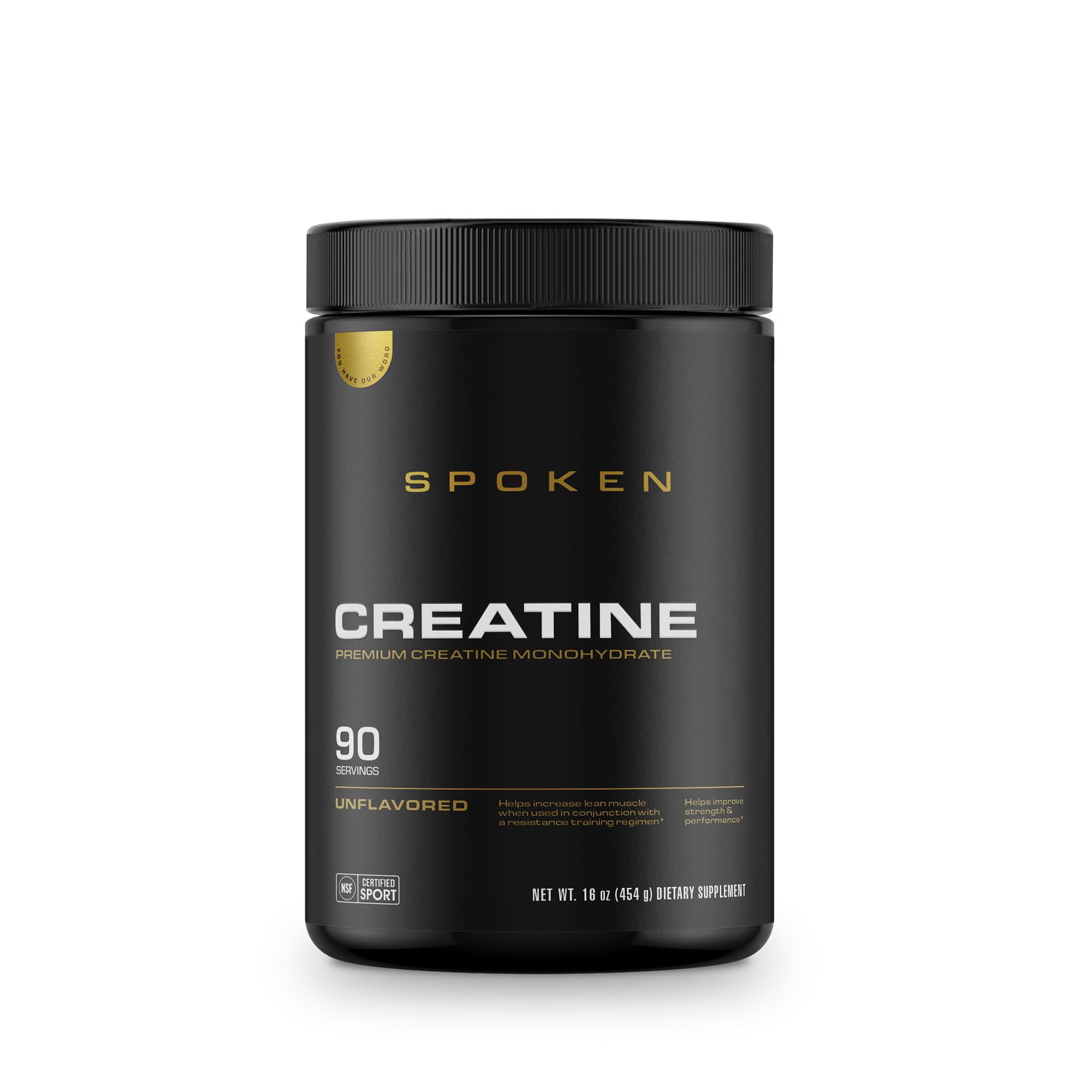 Spoken Nutrition Creatine Monohydrate bottle shows unflavored powder for daily performance support