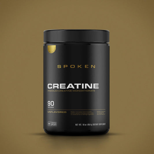 Spoken Nutrition Creatine Monohydrate scoop beside bottle highlights easy mixing