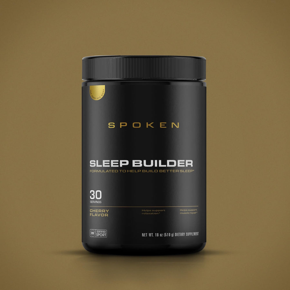 Spoken Nutrition Sleep Builder cherry label shows magnesium blend and flavor.