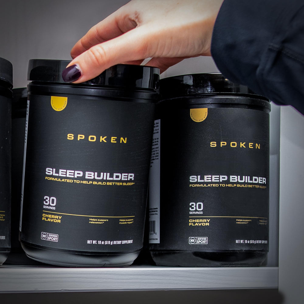 Spoken Nutrition Sleep Builder cherry scoop highlights easy nightly use.