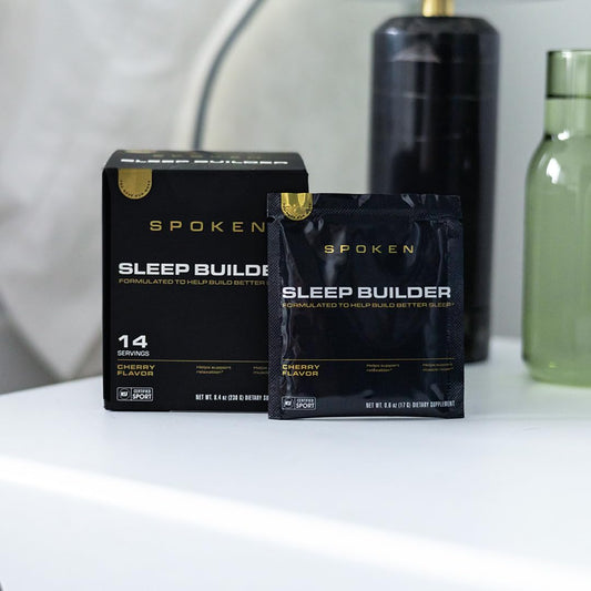 Spoken Nutrition Sleep Builder sachets closeup shows convenient nightly use for relaxation.
