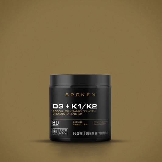 Spoken Vitamin D3 with K1 and K2 softgel pour showing easy daily intake for joints