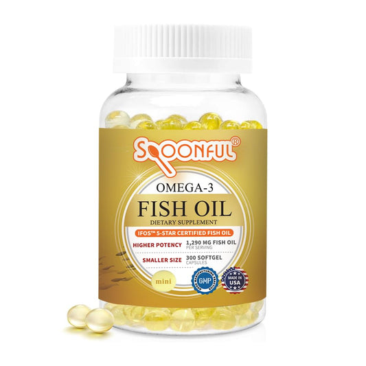 Spoonful Mini Omega 3 bottle pour showing easy daily dosing and freshness.