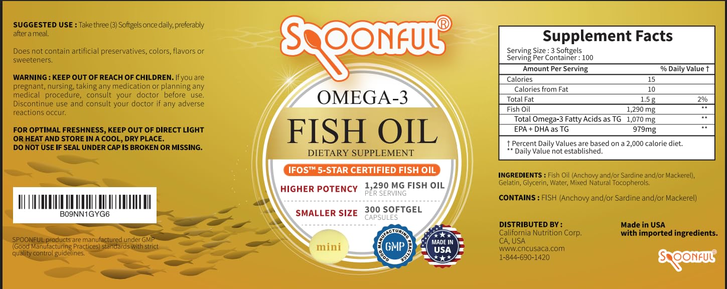 Spoonful Mini Omega 3 serving size with three capsules per portion.