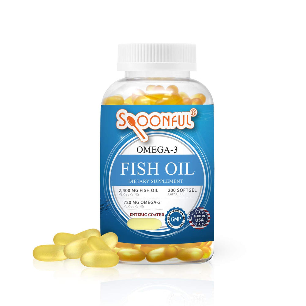 Spoonful Omega 3 enteric-coated bottle shows digestion-friendly design.