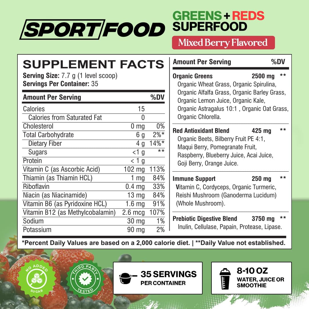 Sport Food mixed berry flavor scoop highlights tasty, energizing smoothie moments.
