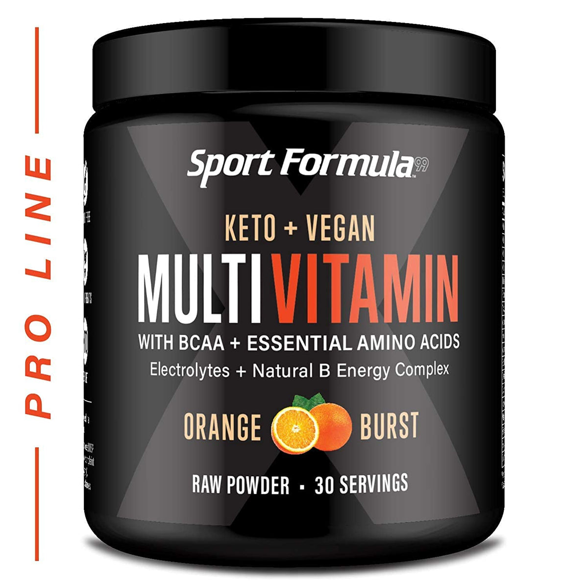 Sport Formula 99 Orange Burst tub packaging highlights high potency vitamins.
