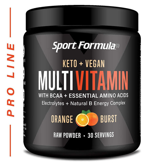 Sport Formula 99 Orange Burst tub packaging highlights high potency vitamins.