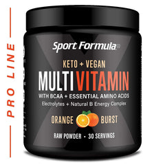 Sport Formula 99 Orange Burst tub packaging highlights high potency vitamins.