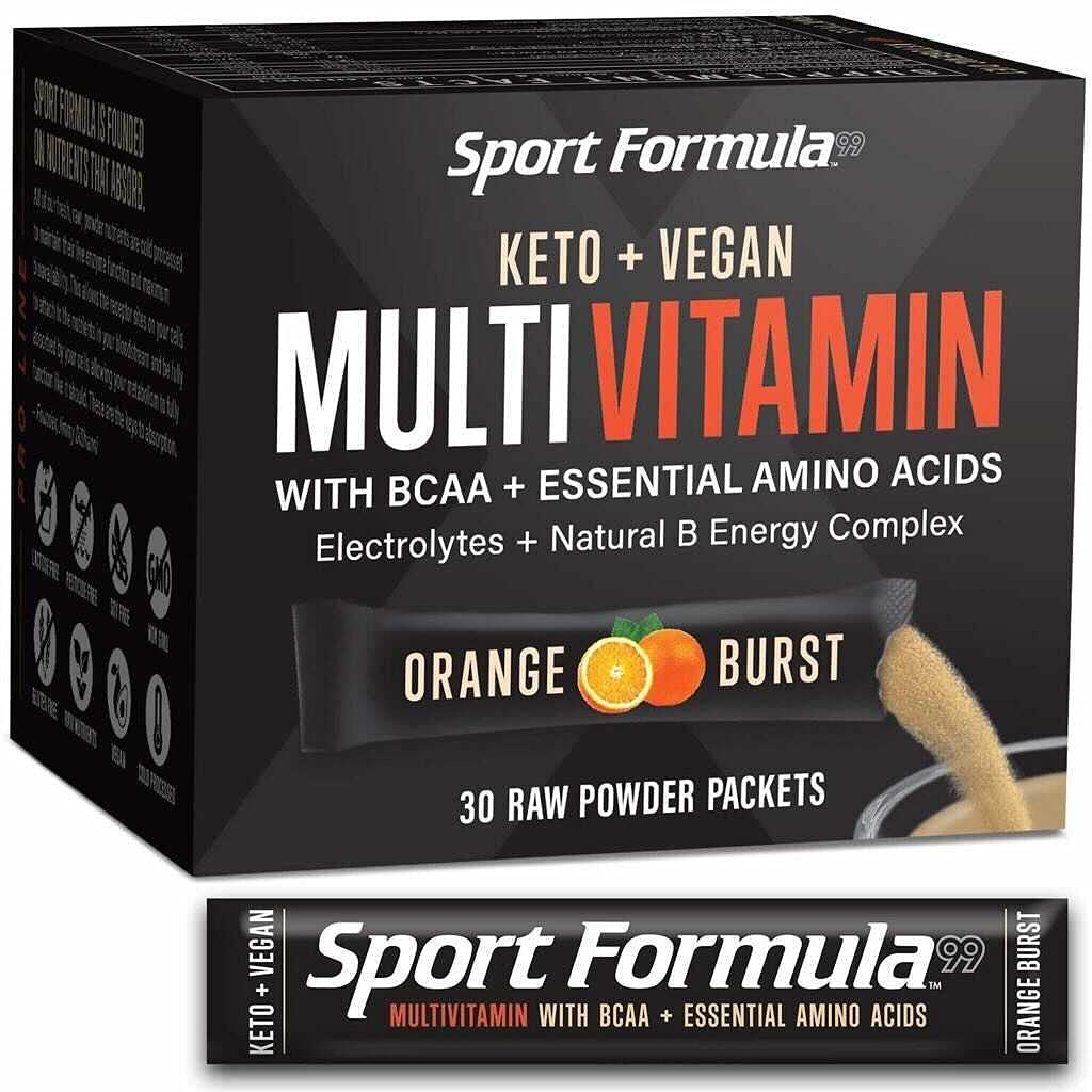 Sport Formula 99 orange mix packets ideal for on-the-go vegan daily vitamins.
