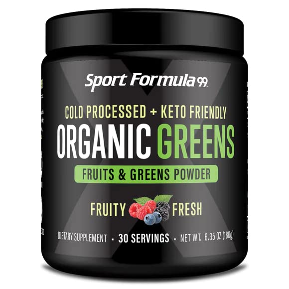 Sport Formula 99 organic greens powder bottle showing vibrant greens for daily energy.