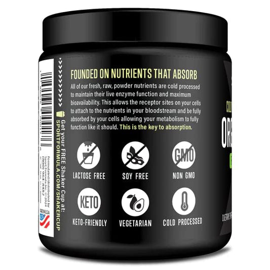 Sport Formula 99 organic greens powder close-up highlighting freshness.
