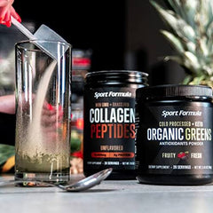 Sport Formula 99 greens powder with glass of smoothie in morning routine.