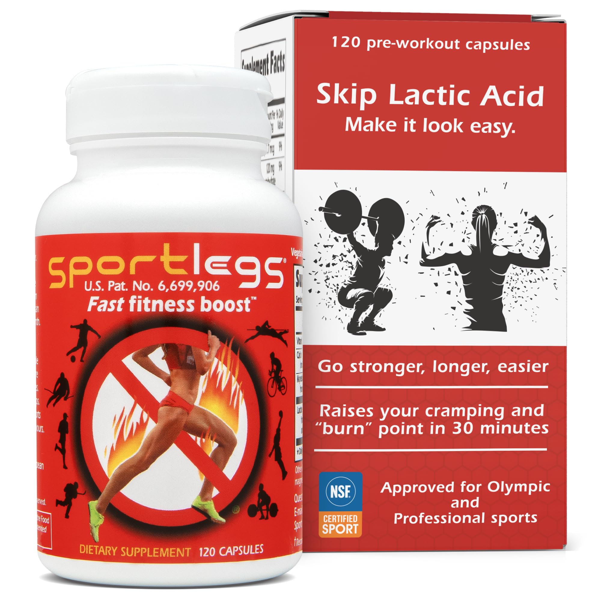 SportLegs pre-exercise primer bottle close-up showing ready-to-use capsules for steady starts