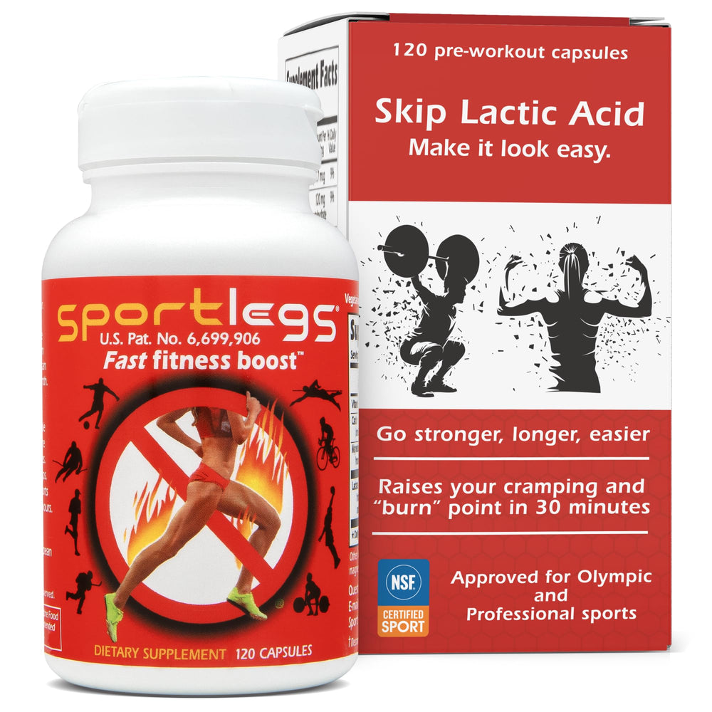 SportLegs pre-exercise primer bottle close-up showing ready-to-use capsules for steady starts