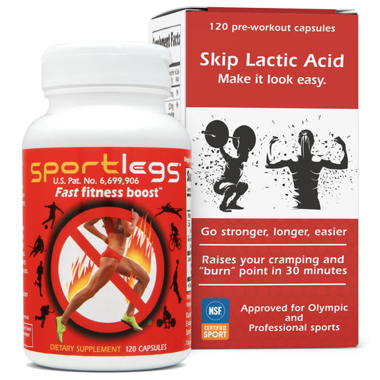 SportLegs pre-exercise primer bottle close-up showing ready-to-use capsules for steady starts