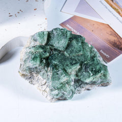 Sportmusies green fluorite cluster natural irregular shape for shelf ambience.