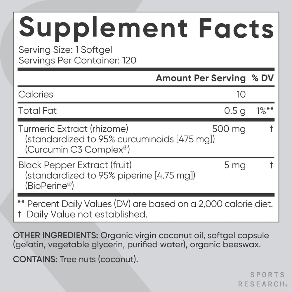 Sports Research 95% curcuminoids close-up, highlights high-potency turmeric.