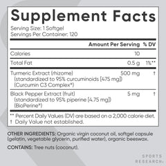 Sports Research 95% curcuminoids close-up, highlights high-potency turmeric.