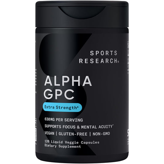 Sports Research Alpha GPC 630mg bottle promoting cognitive focus during study or work.