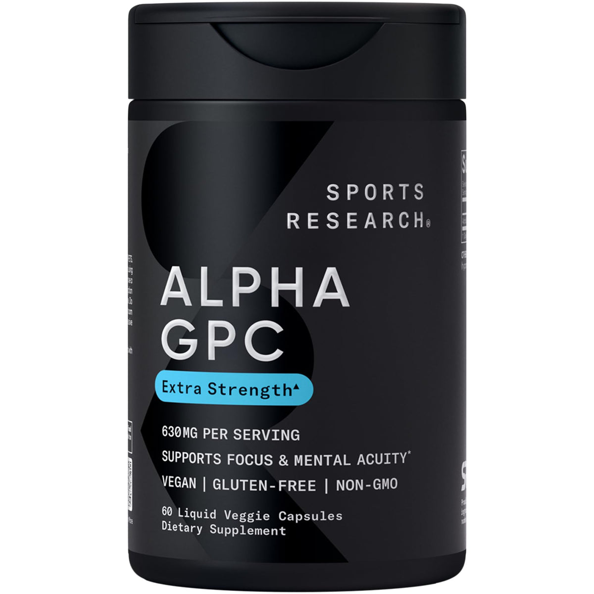 Sports Research Alpha GPC 630mg bottle highlights the extra strength formula for focus support.