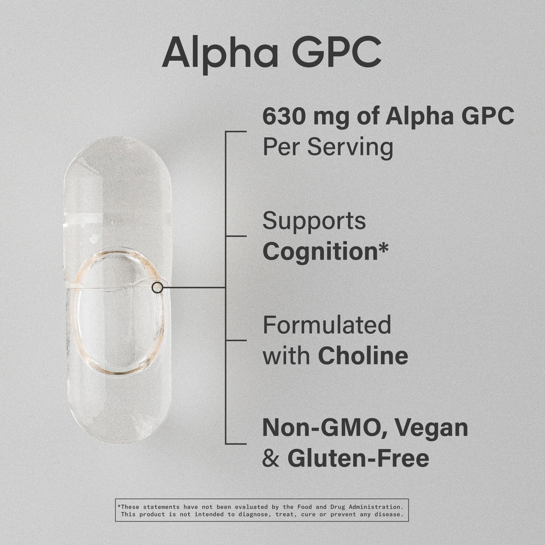 Alpha GPC 630mg liquid capsules close-up showing convenient daily intake.
