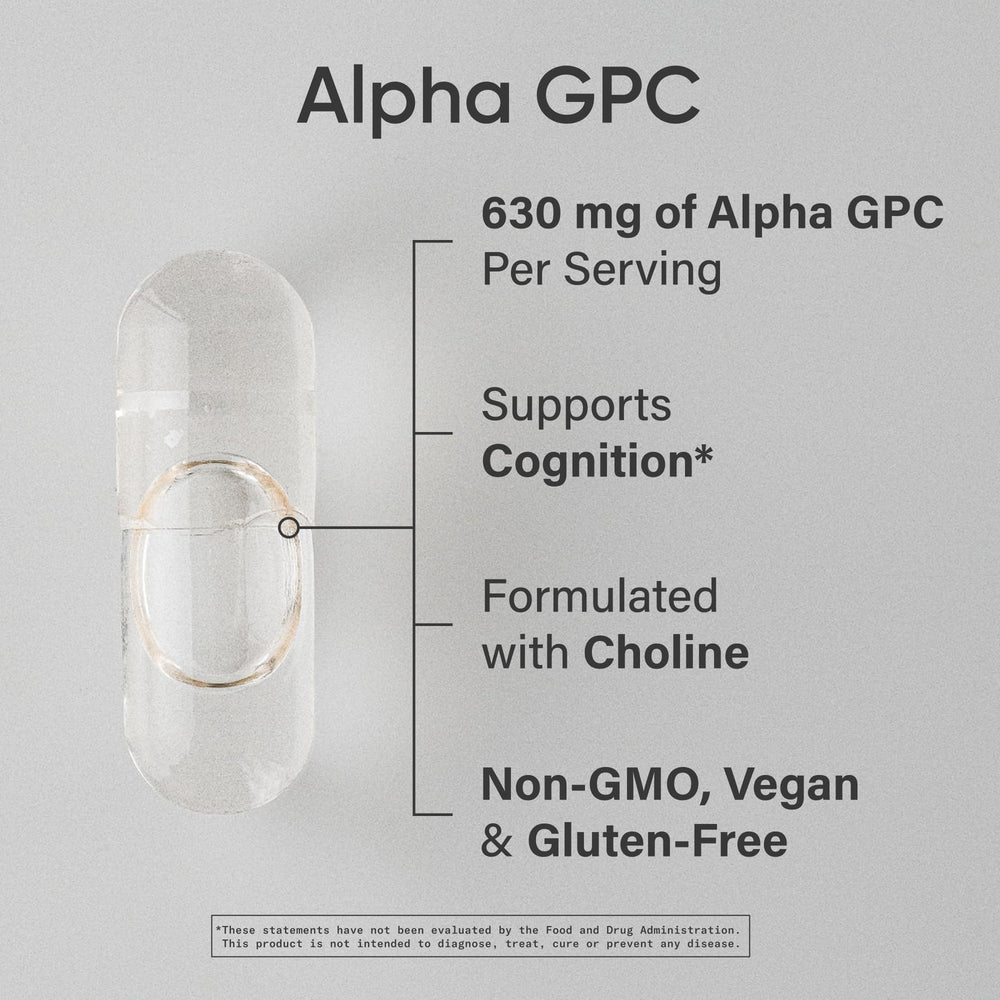 Alpha GPC 630mg liquid capsules close-up showing convenient daily intake.
