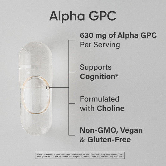 Alpha GPC 630mg liquid capsules close-up showing convenient daily intake.