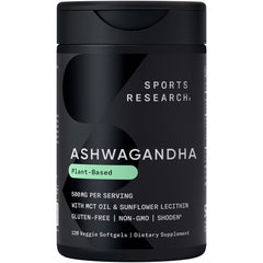 Sports Research Ashwagandha softgels bottle supports relaxation and sleep.