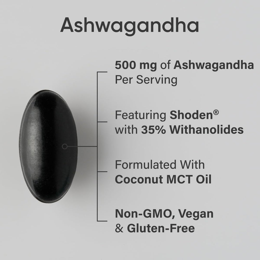 Sports Research Ashwagandha softgels close-up with coconut MCT oil for daily calm.