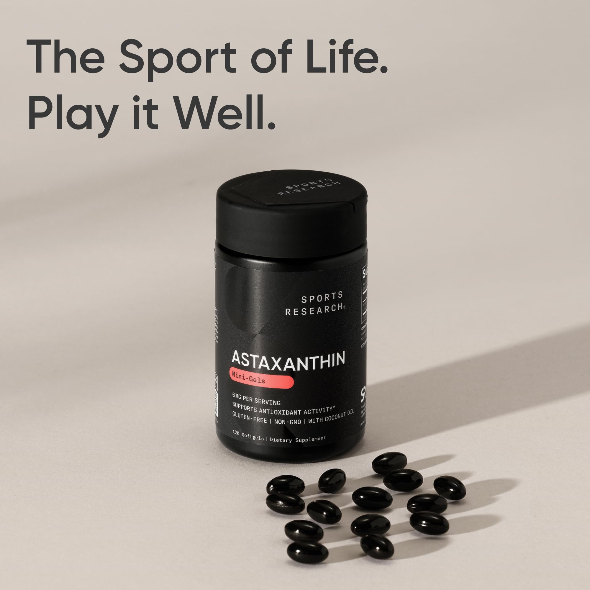 Sports Research Astaxanthin capsule closeup emphasizing daily antioxidant support.