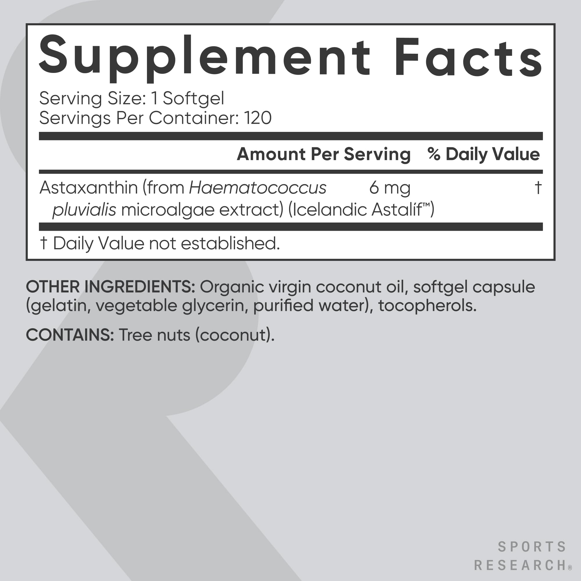 Sports Research Astaxanthin softgel with coconut oil for absorption.