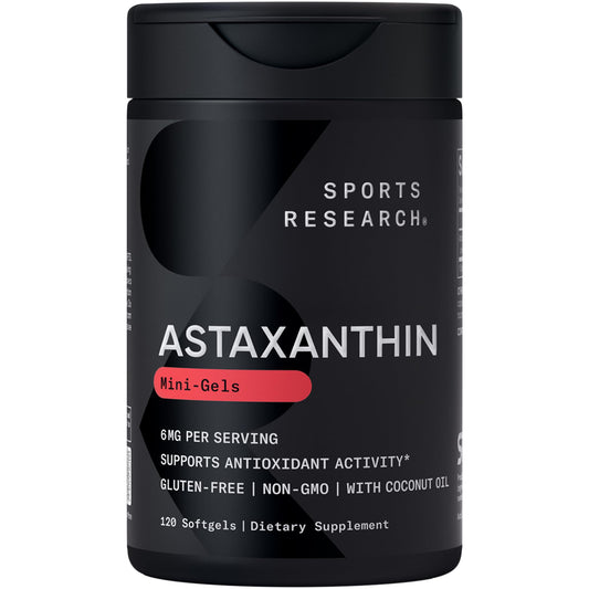 Sports Research Astaxanthin softgel bottle highlighting antioxidant support.