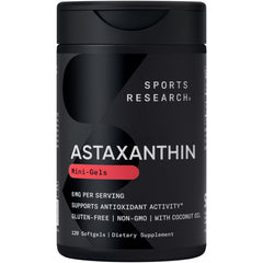 Sports Research Astaxanthin softgel bottle highlighting antioxidant support.