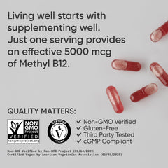 Sports Research B12 label detail shows vegan-certified, gluten-free packaging.