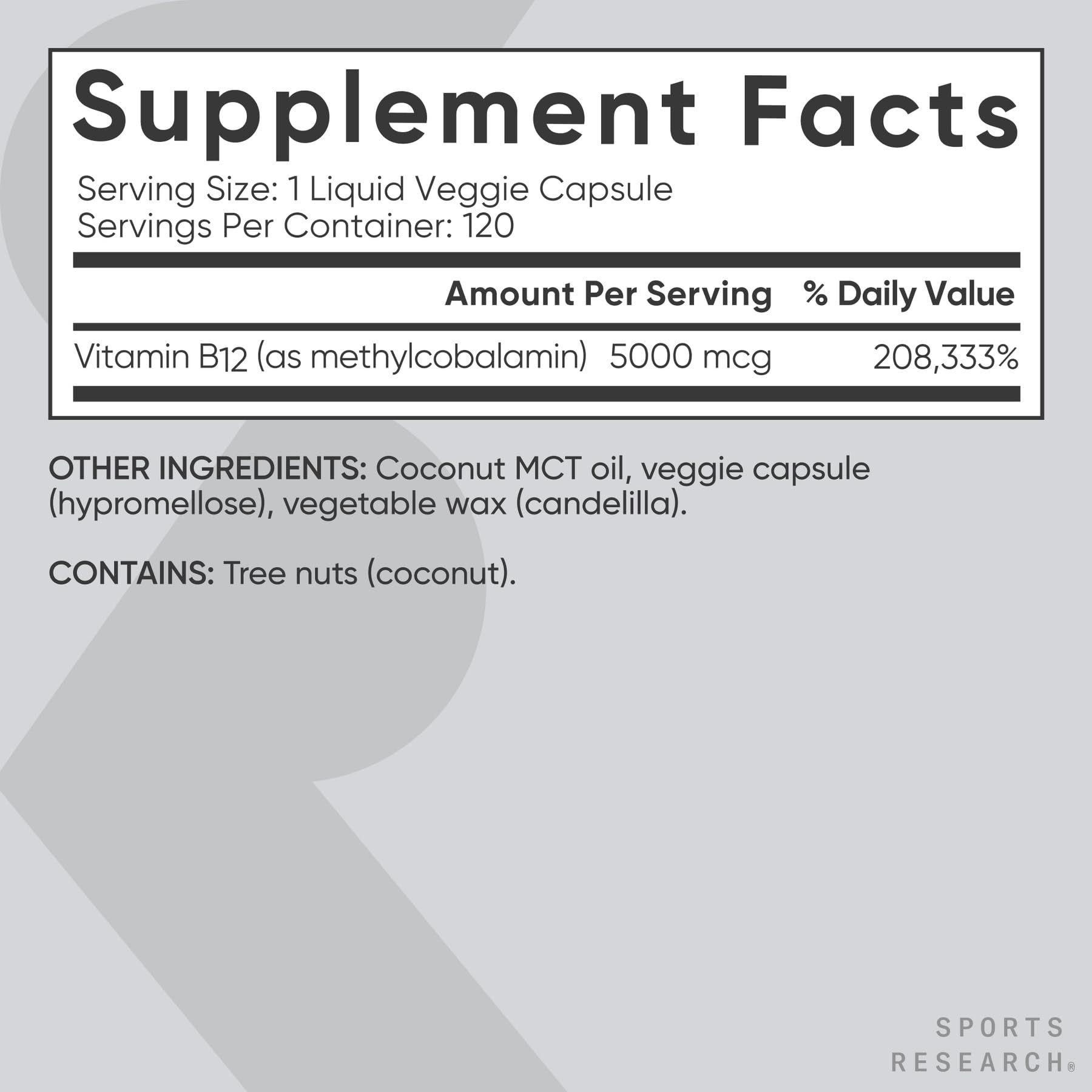 Sports Research B12 vegan-certified logo signals plant-based trust.