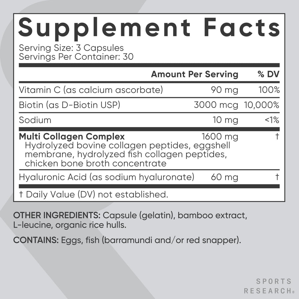 Sports Research Biotin-Infused Collagen icons illustrate five collagen types