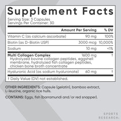 Sports Research Biotin-Infused Collagen icons illustrate five collagen types