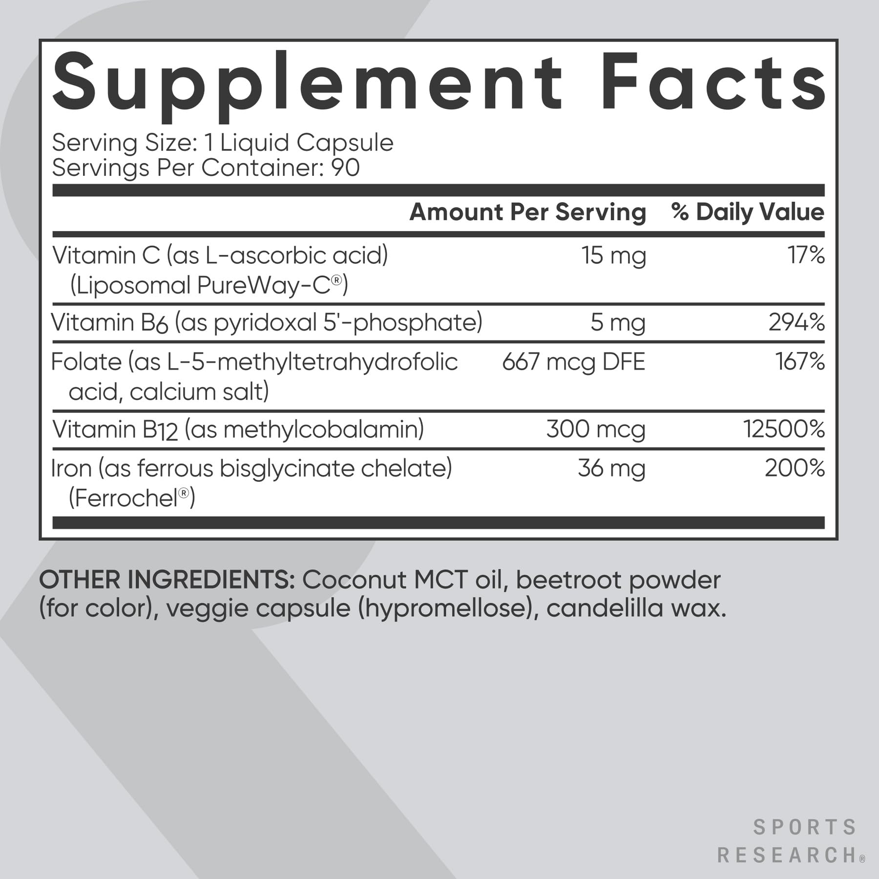 Sports Research Blood Balance iron ingredients panel shows B vitamins and folate