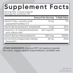 Sports Research Blood Balance iron ingredients panel shows B vitamins and folate