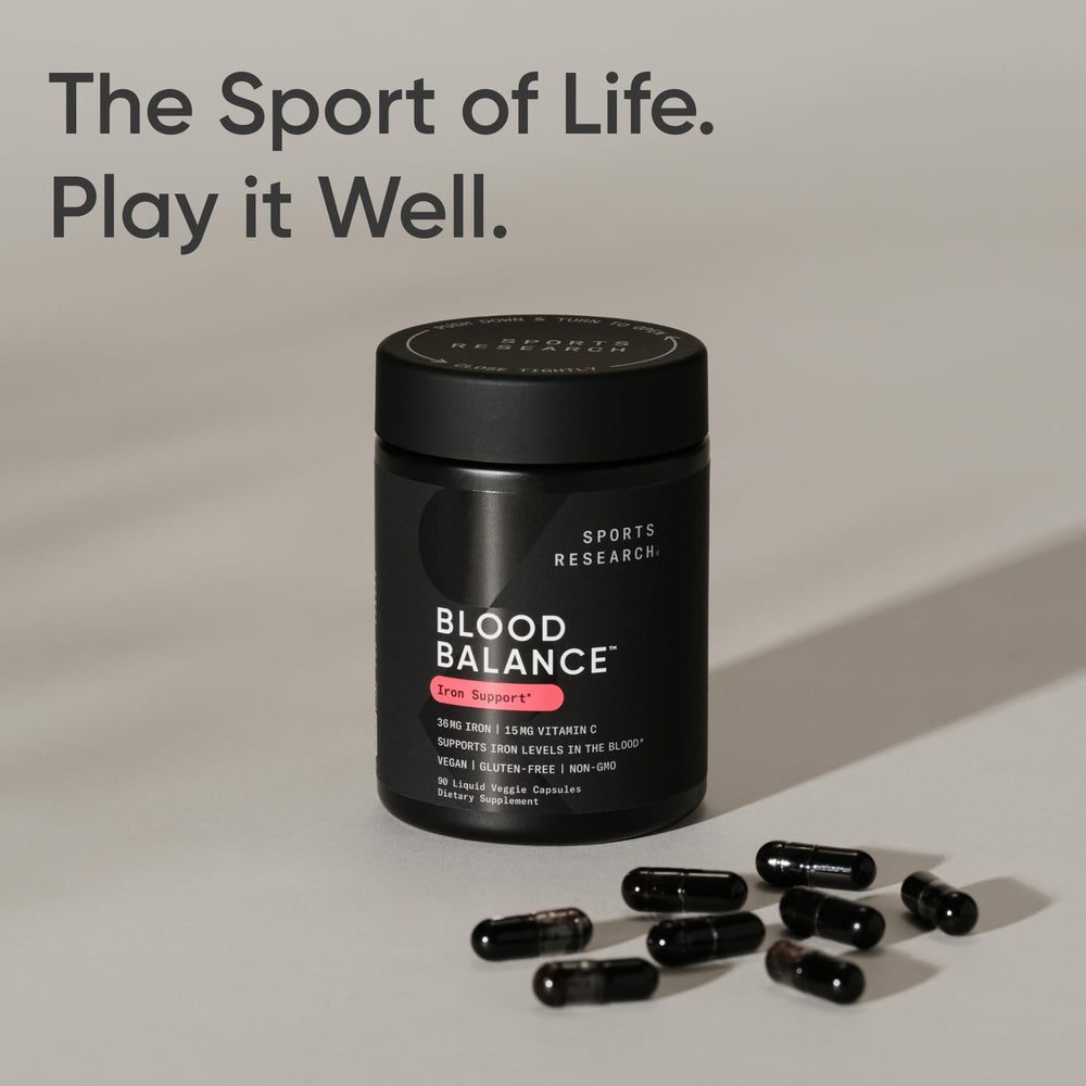 Sports Research Blood Balance iron tablet closeup emphasizing absorption benefits