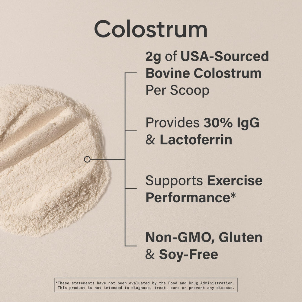 Sports Research colostrum powder close-up highlighting IgG and lactoferrin bioactives