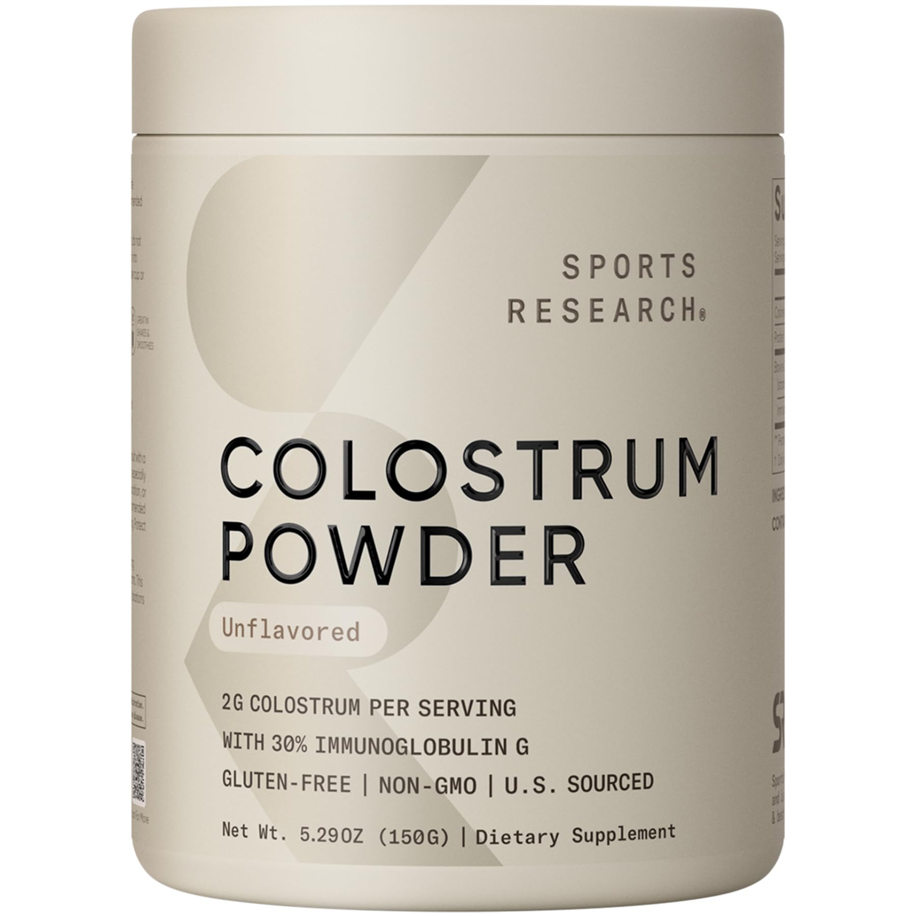 Sports Research bovine colostrum powder tub showing premium US-sourced nutrition for daily wellness